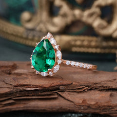 3 Carat Pear Cut Vintage 3 Prong Emerald Ring Pave Engagement Ring