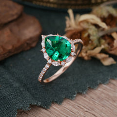3 Carat Pear Cut Vintage 3 Prong Emerald Ring Pave Engagement Ring