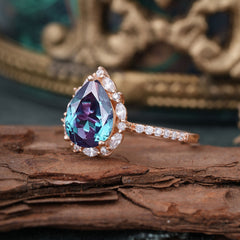 3 Carat Pear Cut Vintage 3 Prong Alexandrite Ring Pave Engagement Ring