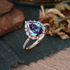 3 Carat Pear Cut Vintage 3 Prong Alexandrite Ring Pave Engagement Ring