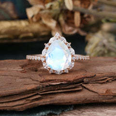 3 Carat Pear Cut Vintage White 3 Prong Moonstone Ring Pave Engagement Ring