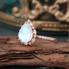 3 Carat Pear Cut Vintage White 3 Prong Moonstone Ring Pave Engagement Ring