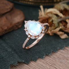 3 Carat Pear Cut Vintage White 3 Prong Moonstone Ring Pave Engagement Ring