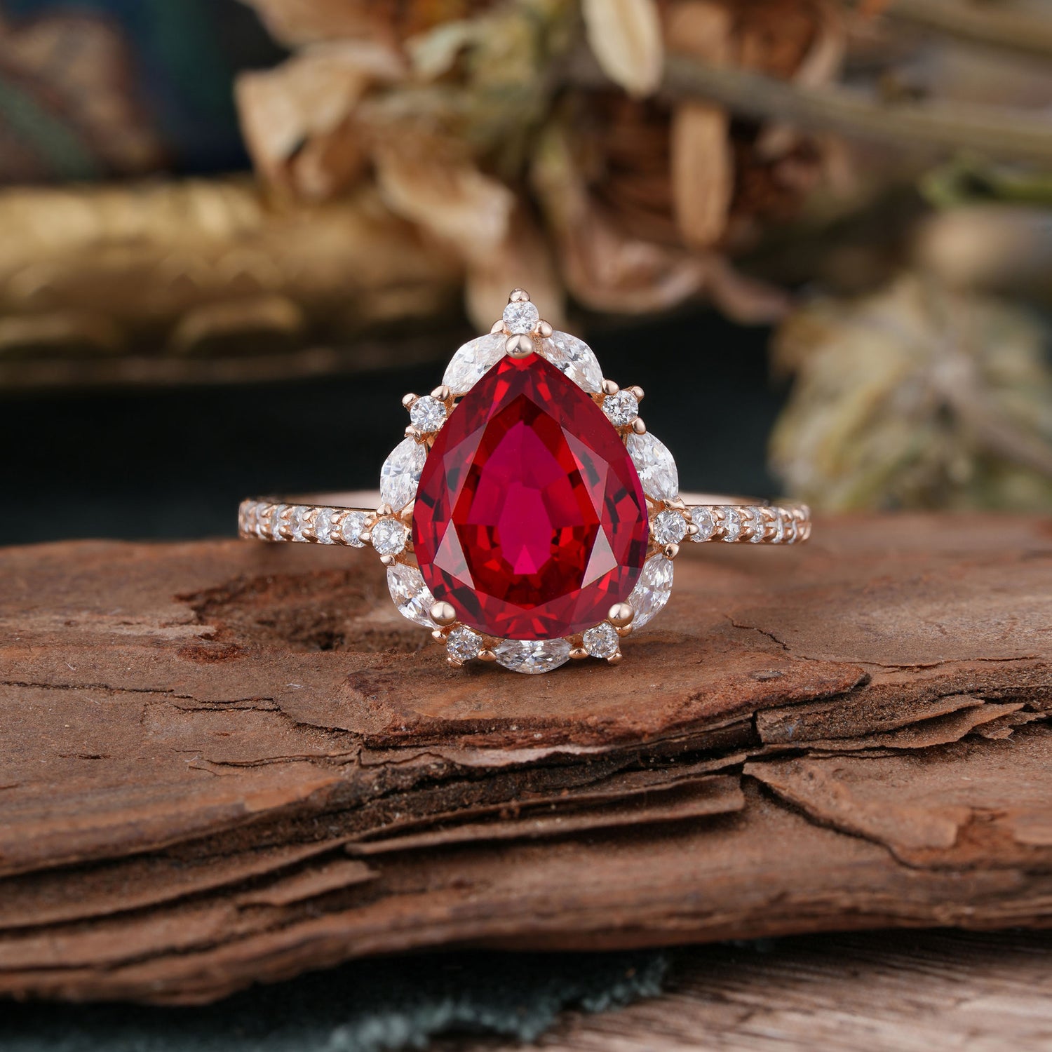 3 Carat Pear Cut Vintage Red 3 Prong Ruby Ring Pave Engagement Ring