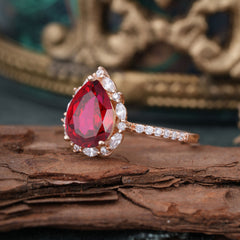 3 Carat Pear Cut Vintage Red 3 Prong Ruby Ring Pave Engagement Ring