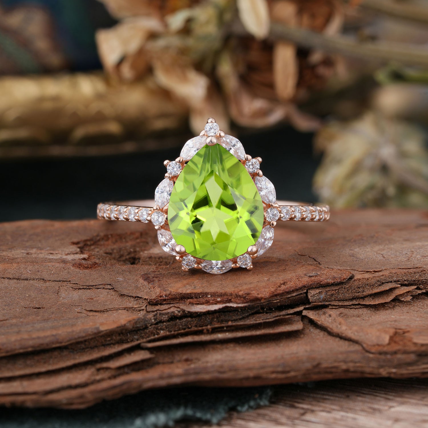 3 Carat Pear Cut Vintage Peridot Pave Engagement Ring