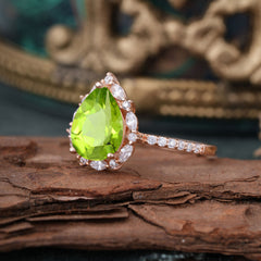 3 Carat Pear Cut Vintage Peridot Ring Pave Engagement Ring