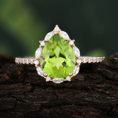 3 Carat Pear Cut Vintage White Peridot Ring Pave Engagement Ring