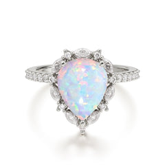 3 Carat Pear Cut Vintage White Opal Ring Pave Engagement Ring