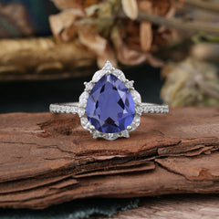 3 Carat Pear Cut Vintage 3 Prong Tanzanite Ring Pave Engagement Ring