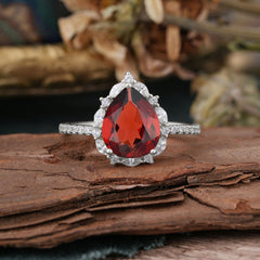 3 Carat Pear Cut Vintage Red 3 Prong Garnet Ring Pave Engagement Ring