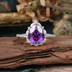 3 Carat Pear Cut Vintage 3 Prong Amethyst Ring Pave Engagement Ring