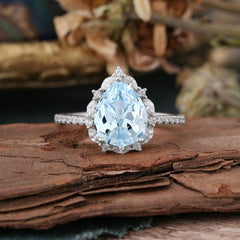 3 Carat Pear Cut Vintage 3 Prong Aquamarine Ring Pave Engagement Ring