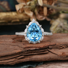 3 Carat Pear Cut Vintage 3 Prong Aquamarine Ring Pave Engagement Ring