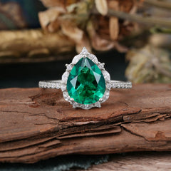 3 Carat Pear Cut Vintage 3 Prong Emerald Ring Pave Engagement Ring