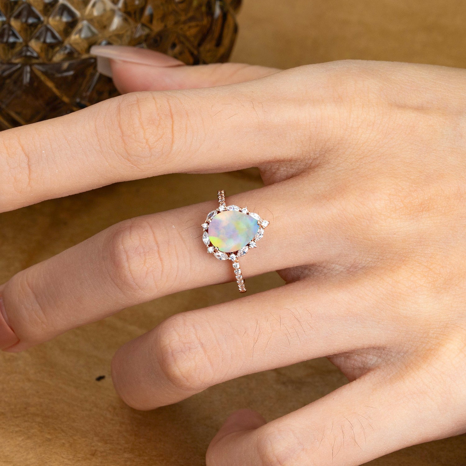 3 Carat Pear Cut Vintage Lab Grown Opal Pave Engagement Ring