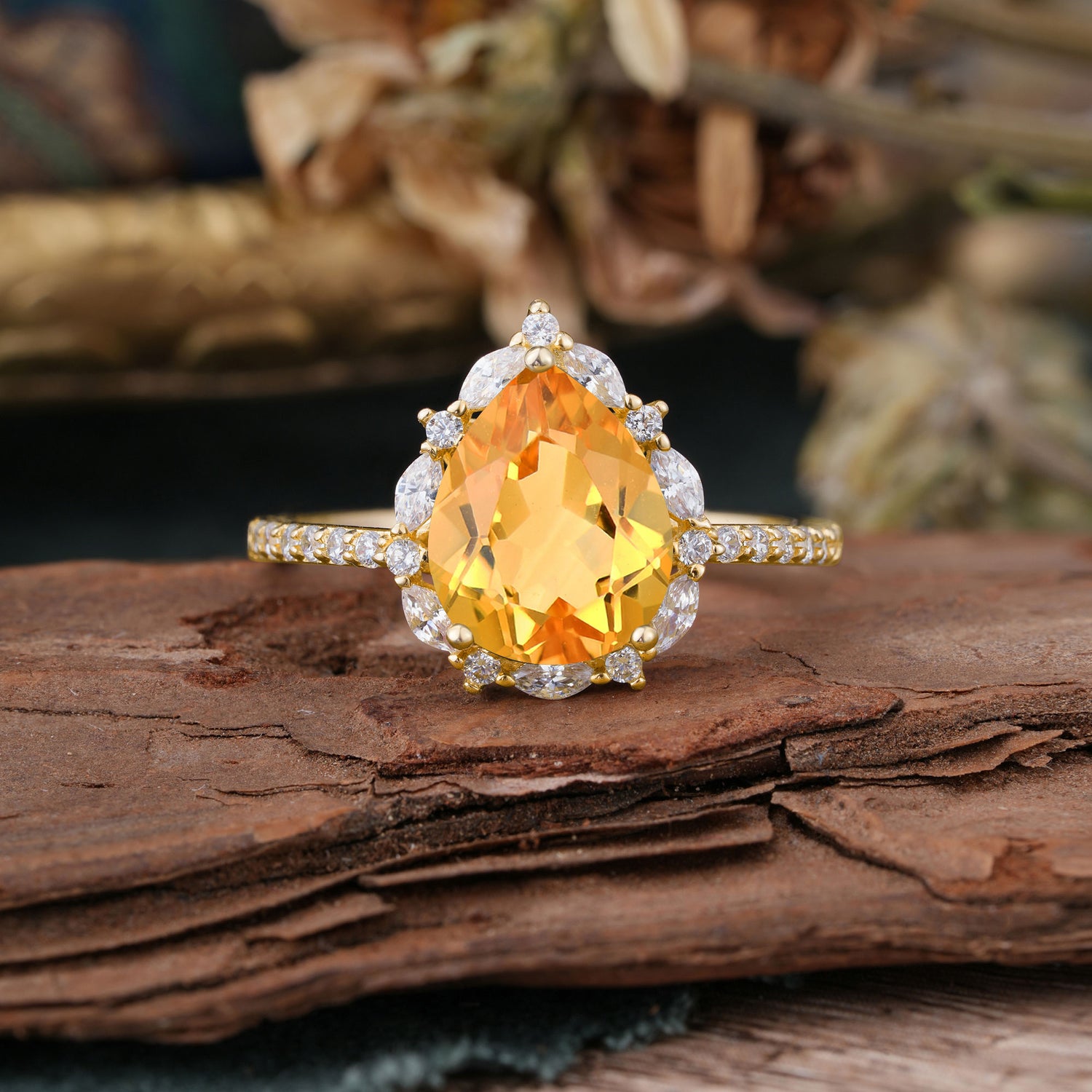 3 Carat Pear Cut Vintage 3 Prong Citrine Pave Engagement Ring