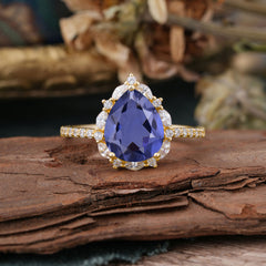 3 Carat Pear Cut Vintage 3 Prong Tanzanite Ring Pave Engagement Ring