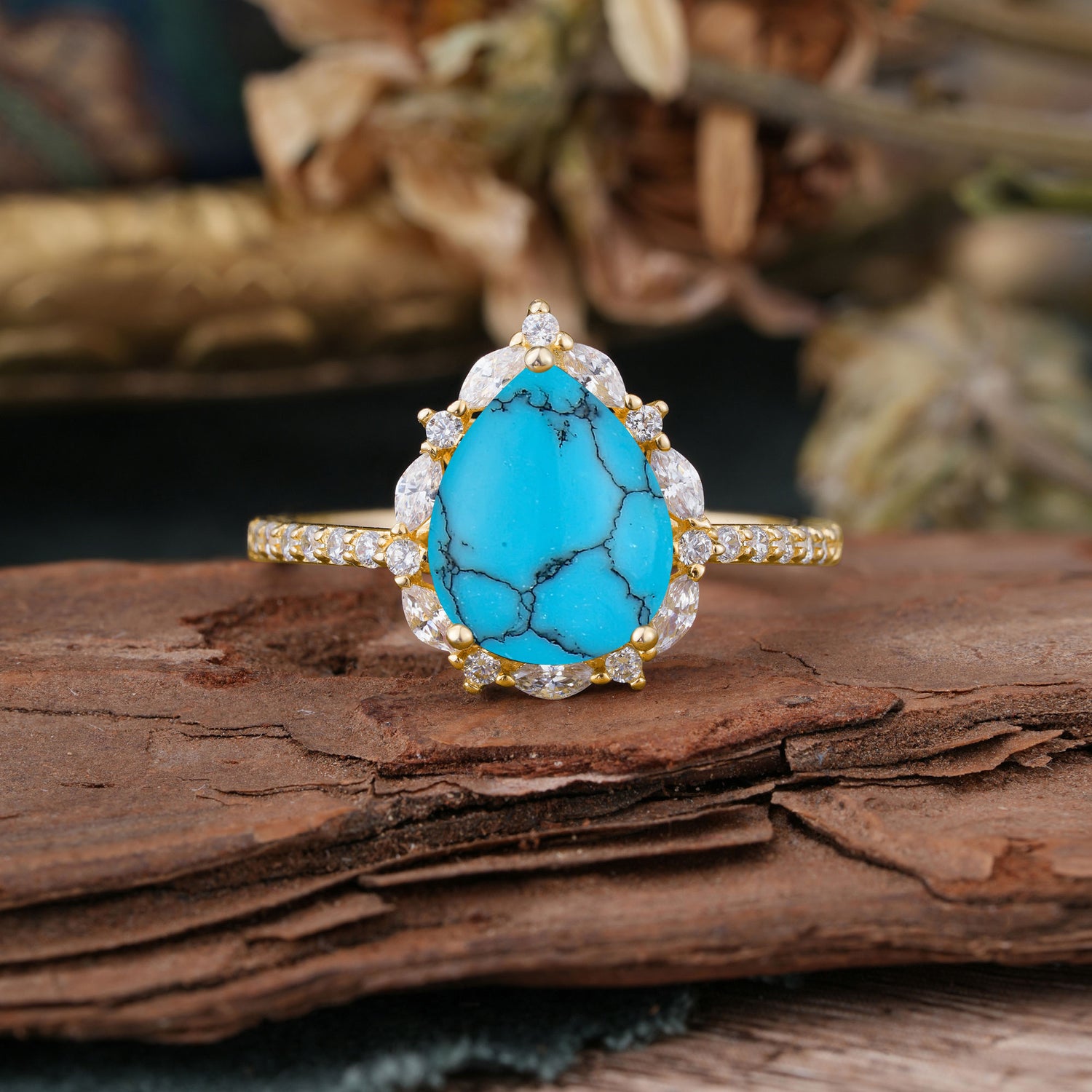 3 Carat Pear Cut Vintage 3 Prong Turquoise Pave Engagement Ring