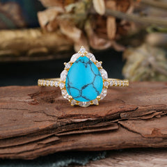 3 Carat Pear Cut Vintage 3 Prong Turquoise Ring Pave Engagement Ring