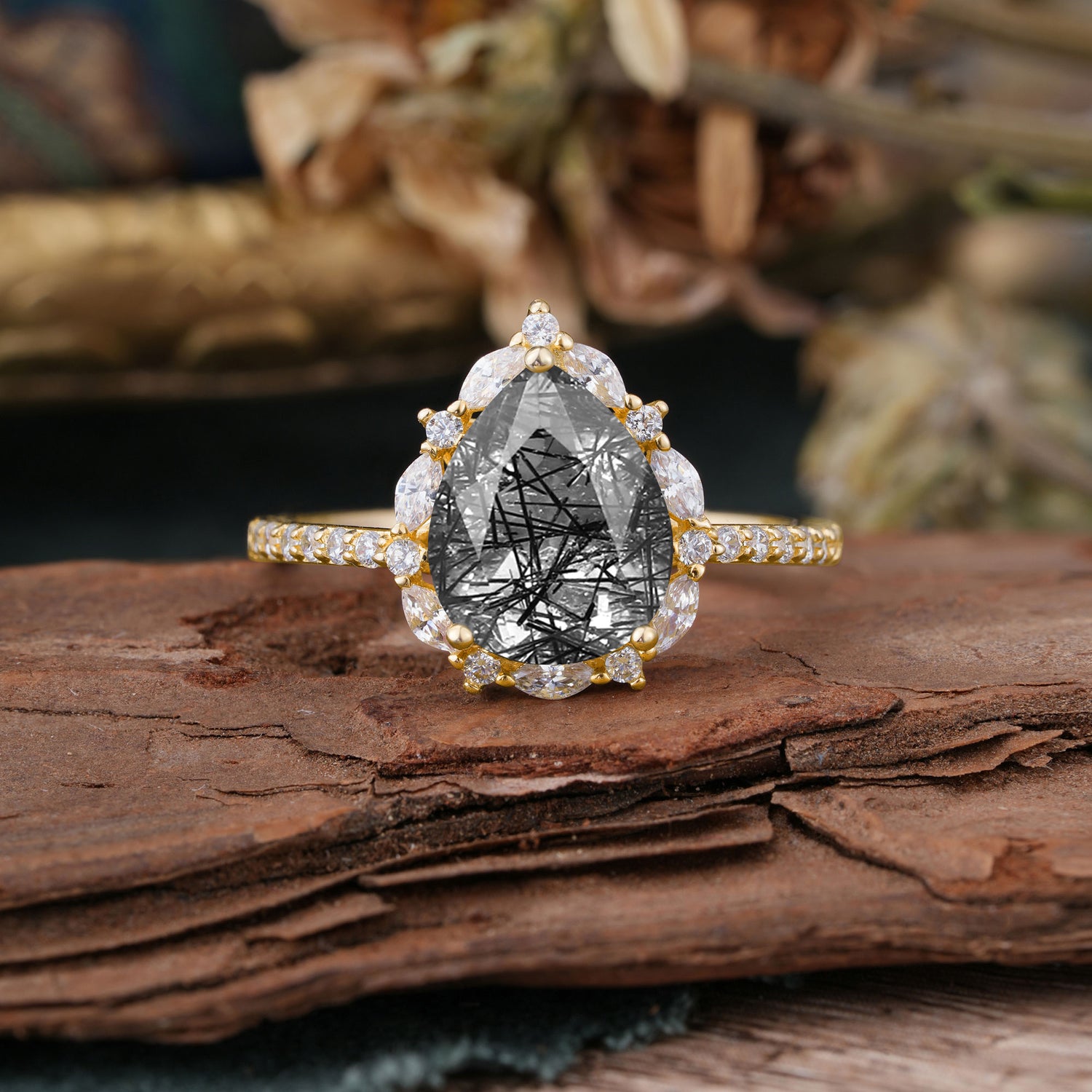 3 Carat Pear Cut Vintage 3 Prong Black Rutilated Quartz Ring Pave Engagement Ring