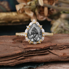 3 Carat Pear Cut Vintage 3 Prong Black Rutilated Quartz Ring Pave Engagement Ring