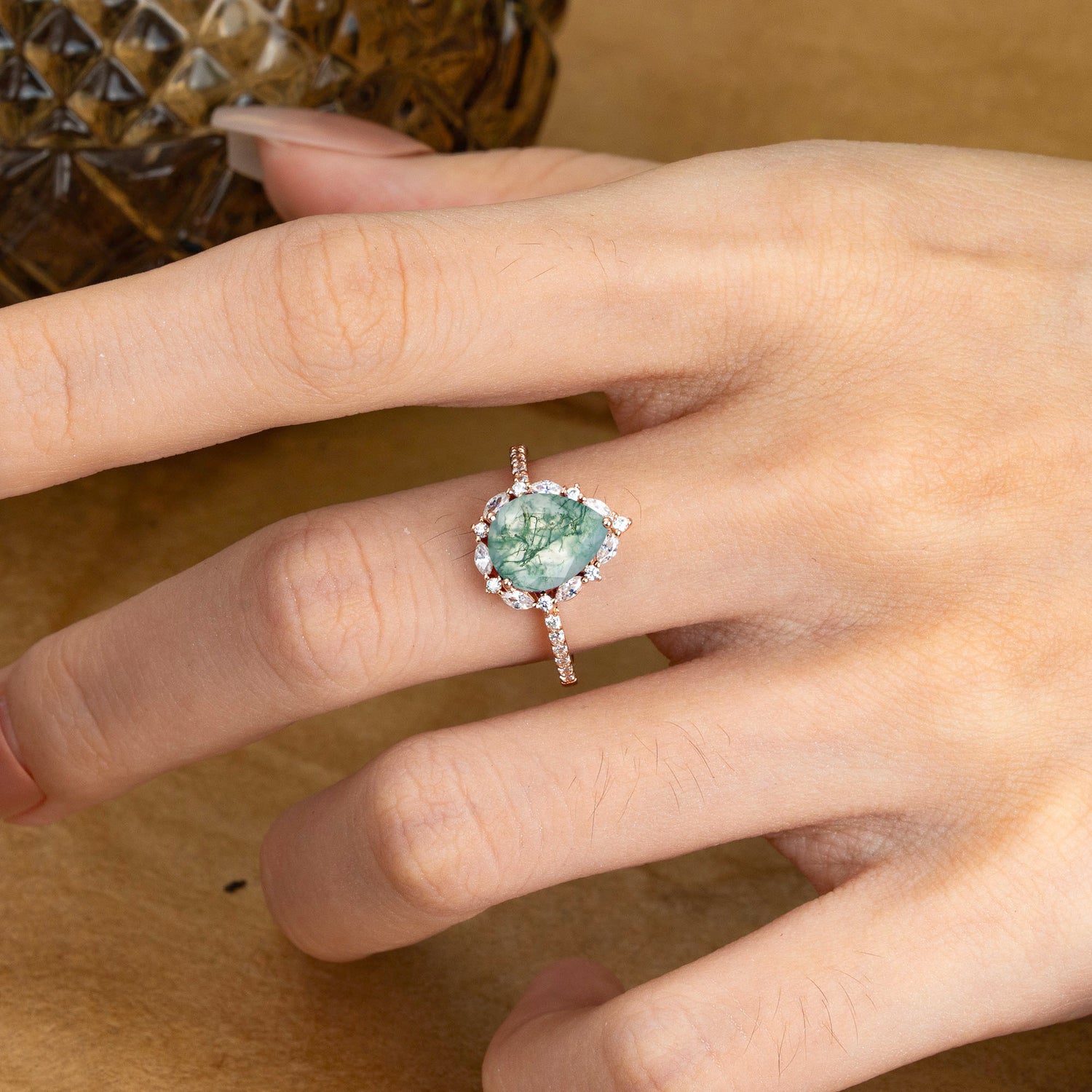 3 Carat Pear Cut Vintage Moss Agate Pave Engagement Ring