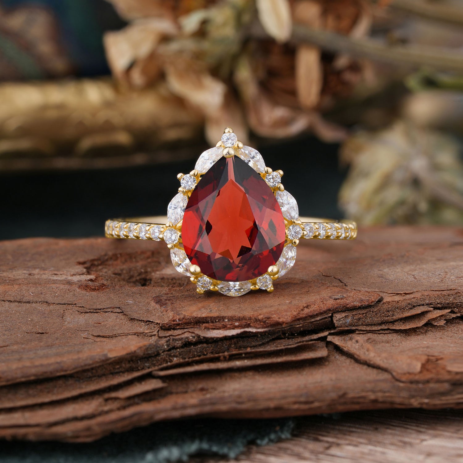 3 Carat Pear Cut Vintage Red 3 Prong Garnet Pave Engagement Ring
