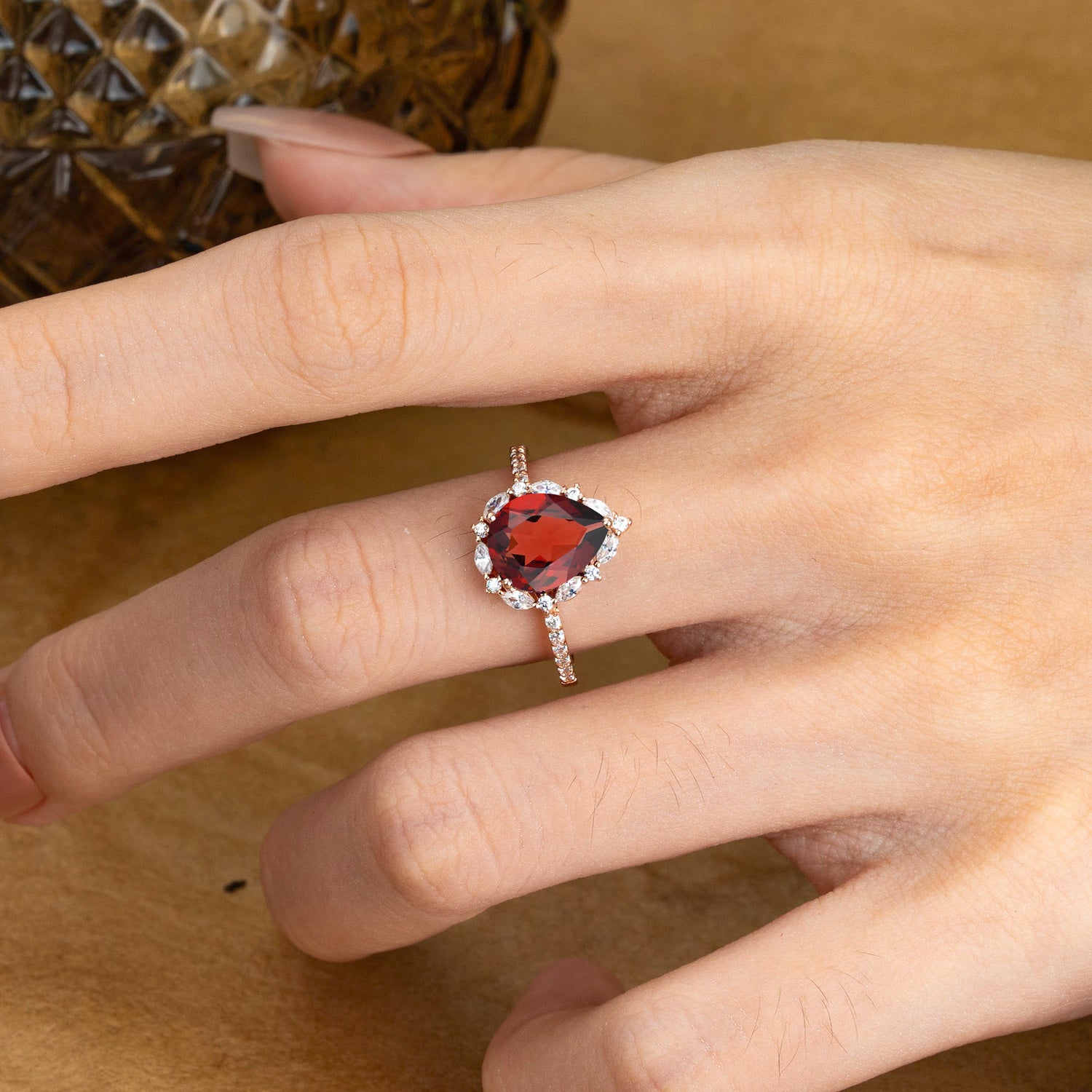 3 Carat Pear Cut Vintage Red 3 Prong Garnet Pave Engagement Ring