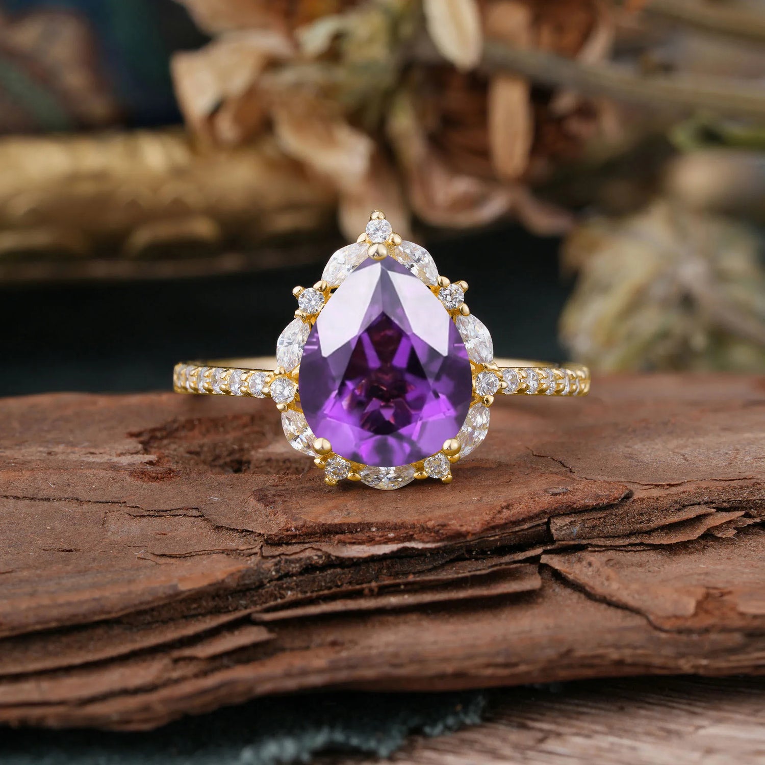 3 Carat Pear Cut Vintage 3 Prong Amethyst Pave Engagement Ring
