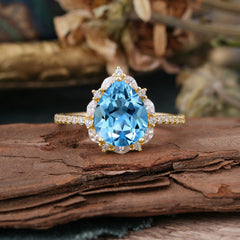 3 Carat Pear Cut Vintage 3 Prong Aquamarine Ring Pave Engagement Ring