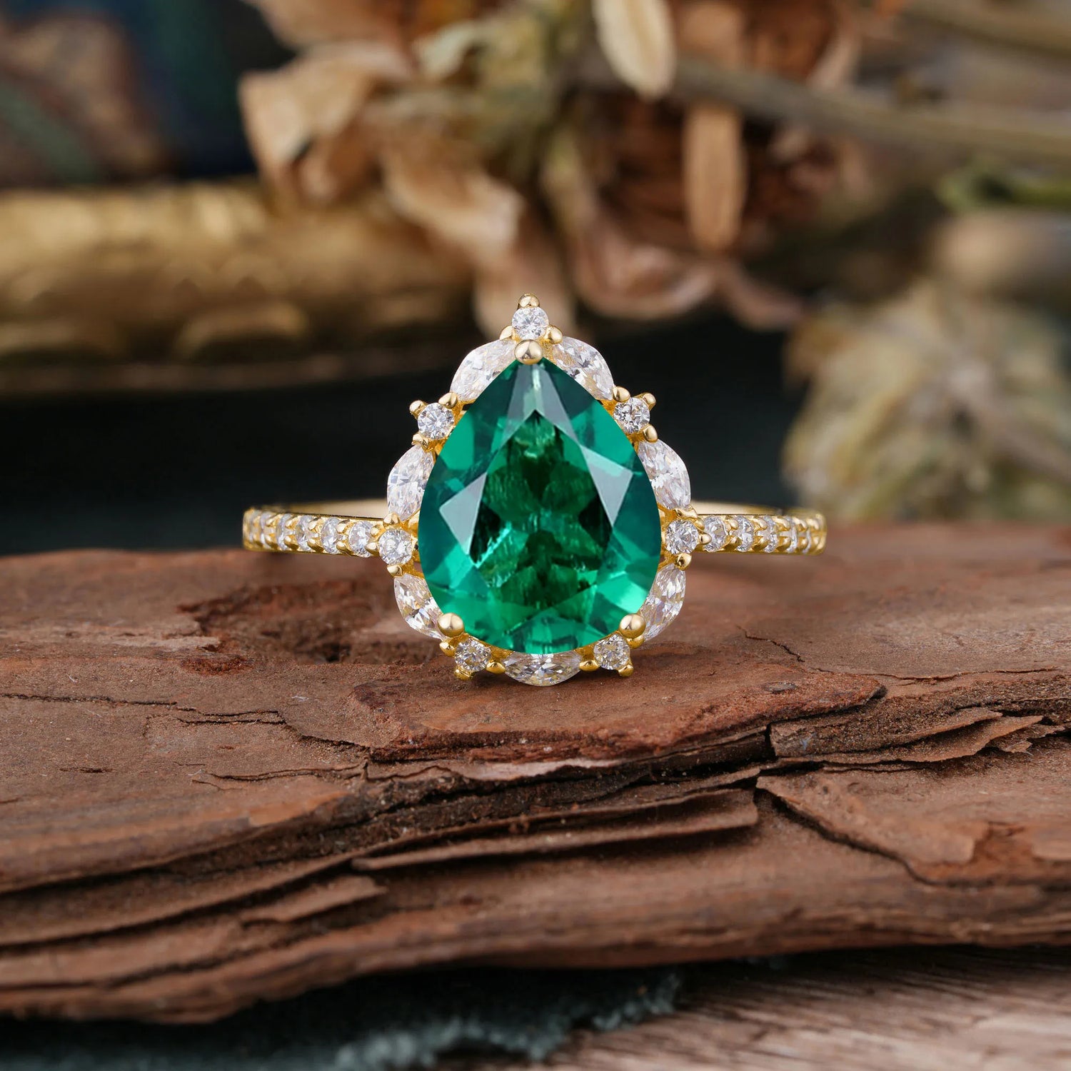 3 Carat Pear Cut Vintage 3 Prong Emerald Pave Engagement Ring