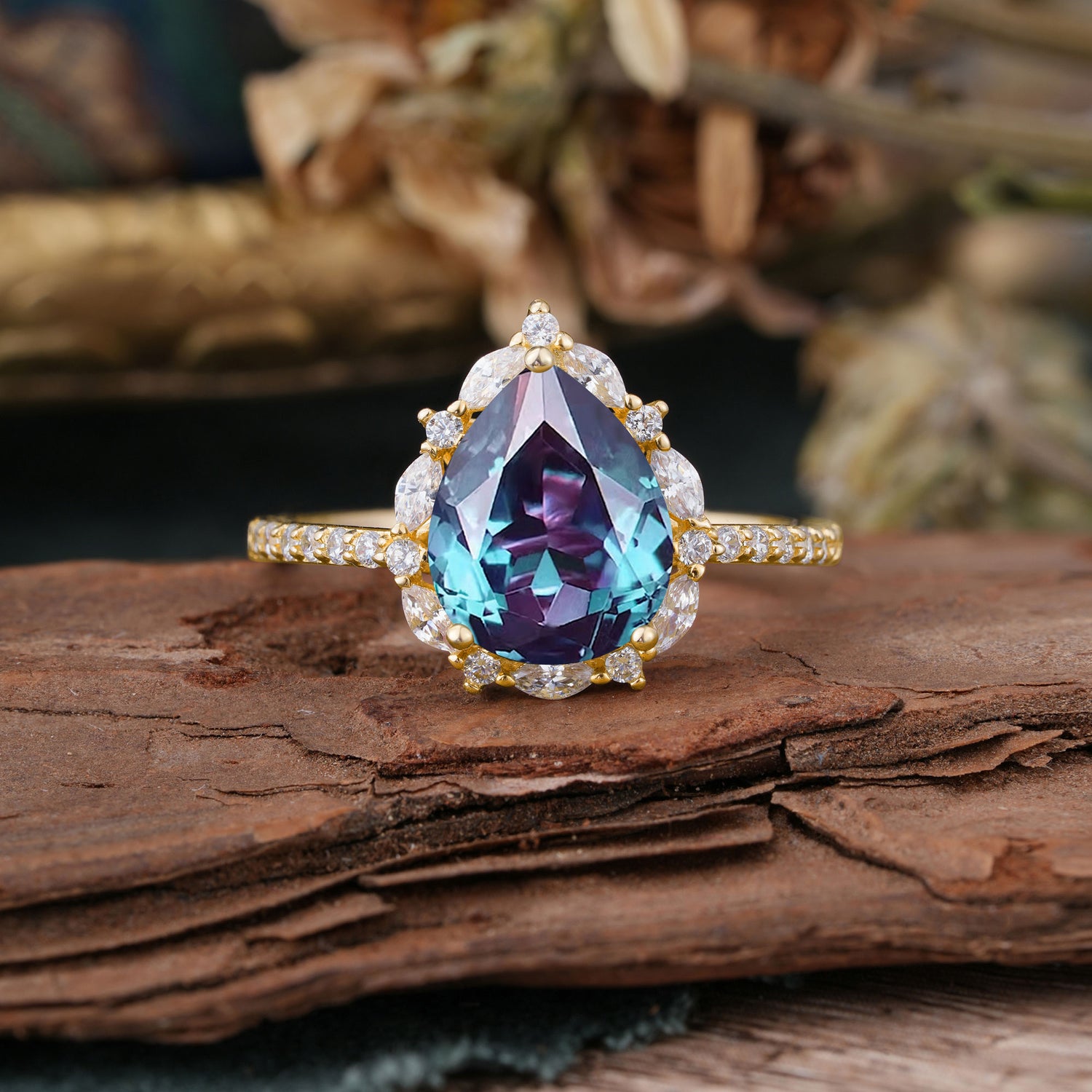 3 Carat Pear Cut Vintage 3 Prong Alexandrite Pave Engagement Ring