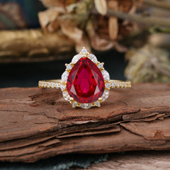 3 Carat Pear Cut Vintage Red 3 Prong Ruby Ring Pave Engagement Ring