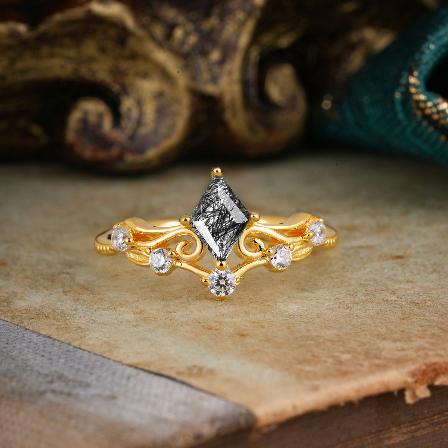 SR12940 Black Rutilated Quartz Ring - Yellow-Gold