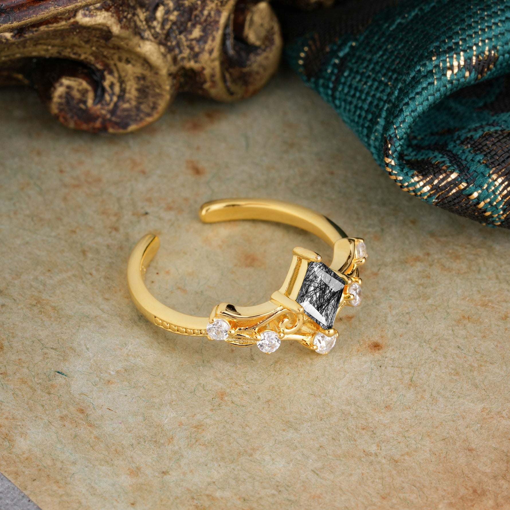 SR12940 Black Rutilated Quartz Ring - White-Gold