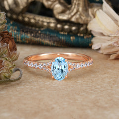 1 Carat Oval Cut 4 Prong Classic Aquamarine Promise Ring Pave Setting