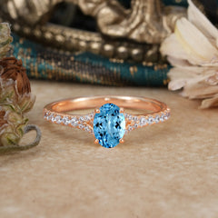 1 Carat Oval Cut 4 Prong Classic Aquamarine Promise Ring Pave Setting