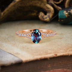 1 Carat Oval Cut 4 Prong Classic Alexandrite Promise Ring Pave Setting