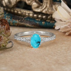 1 Carat Oval Cut Classic Turquoise Promise Ring Pave Setting