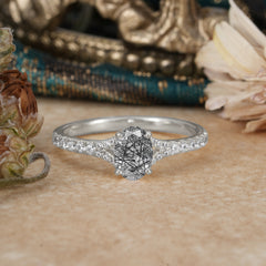 1 Carat Oval Cut Classic Black Rutilated Quartz Promise Ring Pave Setting