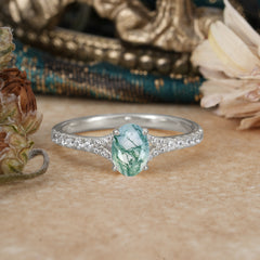 1 Carat Oval Cut Classic Moss Agate Promise Ring Pave Setting