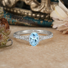 1 Carat Oval Cut 4 Prong Classic Aquamarine Promise Ring Pave Setting