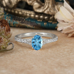 1 Carat Oval Cut 4 Prong Classic Aquamarine Promise Ring Pave Setting