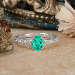 1 Carat Oval Cut Classic Emerald Promise Ring Pave Setting