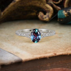 1 Carat Oval Cut 4 Prong Classic Alexandrite Promise Ring Pave Setting