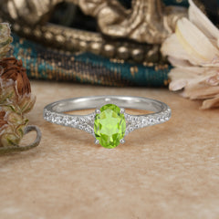 1 Carat Oval Cut 4 Prong Classic Peridot Promise Ring Pave Setting