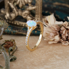 1 Carat Oval Cut 4 Prong Classic Opal Promise Ring Pave Setting