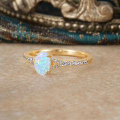 1 Carat Oval Cut 4 Prong Classic Opal Promise Ring Pave Setting