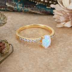 1 Carat Oval Cut 4 Prong Classic Opal Promise Ring Pave Setting